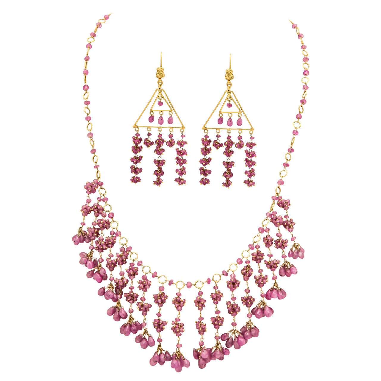 Ruby Bead and Briolette Dangling Necklace and Earrings Set For Sale