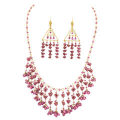 Vintage Ruby Bead and Briolette Dangling Necklace and Earrings Set