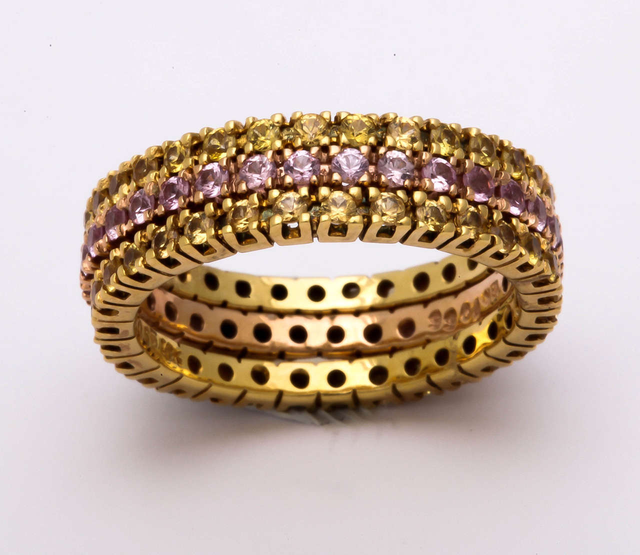 Yellow and Pink Sapphire Gold Stacking Band Rings In New Condition For Sale In TRYON, NC