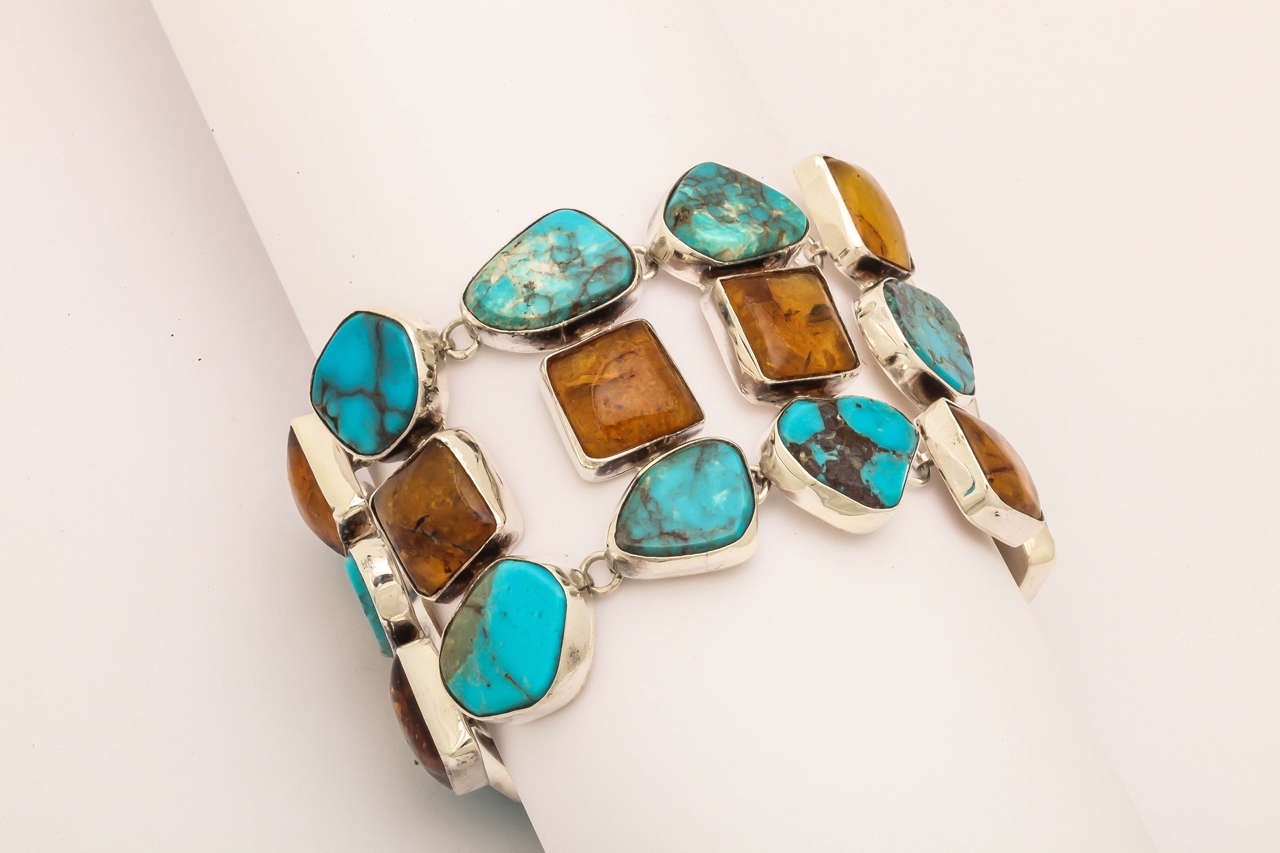 Artisan Impressive Turquoise Amber Silver Bracelet For Sale