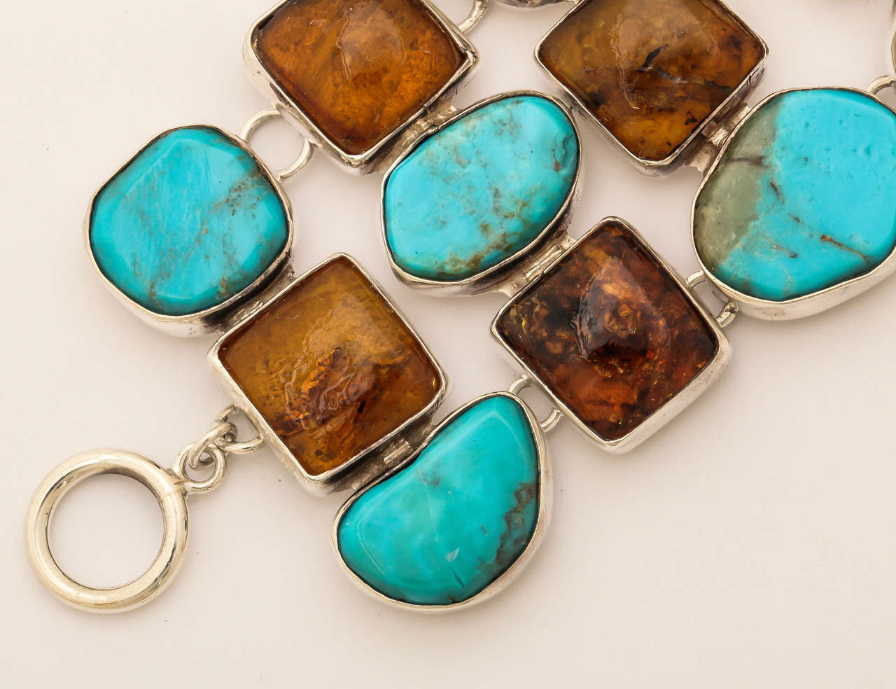 Impressive Turquoise Amber Silver Bracelet In Excellent Condition For Sale In TRYON, NC