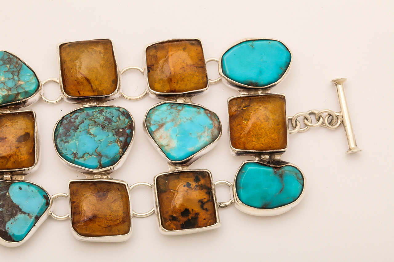 Impressive Turquoise Amber Silver Bracelet For Sale 1