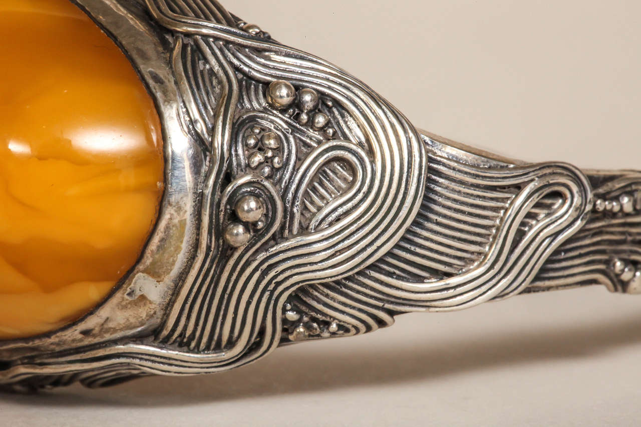 Women's Austrian Art Nouveau Cabochon Amber Silver Bangle Bracelet