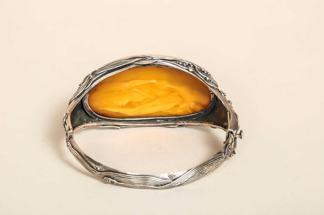 Austrian Art Nouveau Cabochon Amber Silver Bangle Bracelet 1