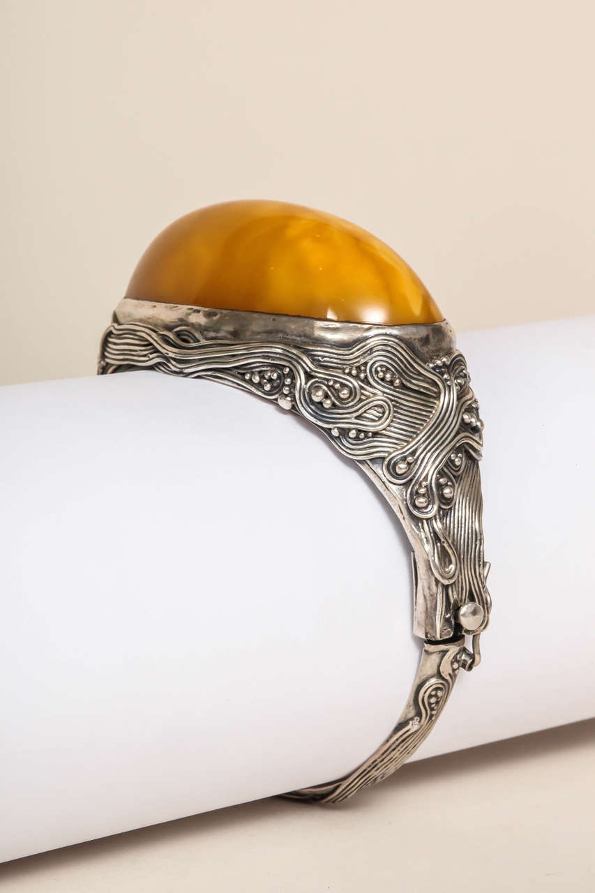 Austrian Art Nouveau Cabochon Amber Silver Bangle Bracelet 6