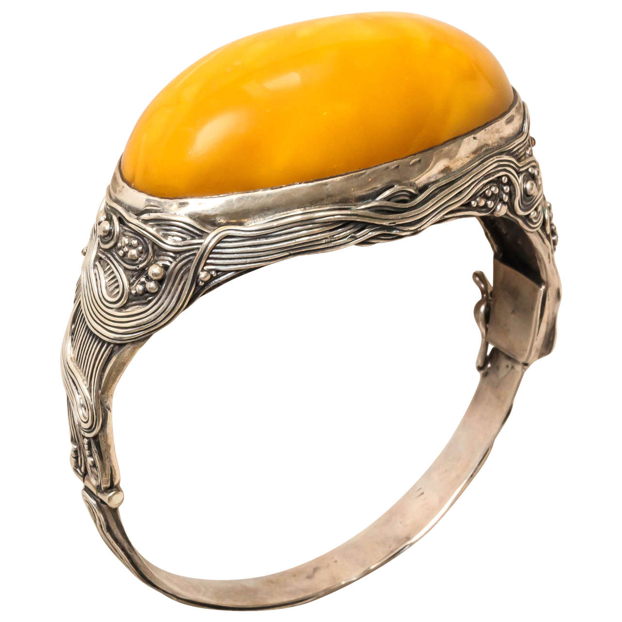 Austrian Art Nouveau Cabochon Amber Silver Bangle Bracelet