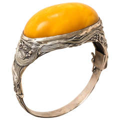 Antique Austrian Art Nouveau Cabochon Amber Silver Bangle Bracelet