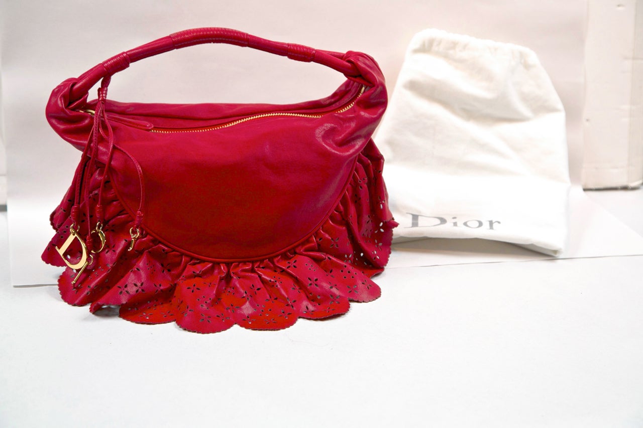 Red Leather Christian Dior Handbag with Reticulated Ruffles Presented by Carol Marks In Excellent Condition In Stamford, CT