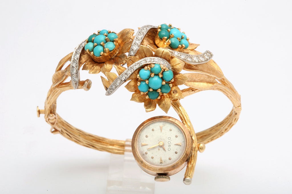 Incredible Floral Turquoise Diamond Covered Gold Watch Bracelet In Good Condition In Miami Beach, FL