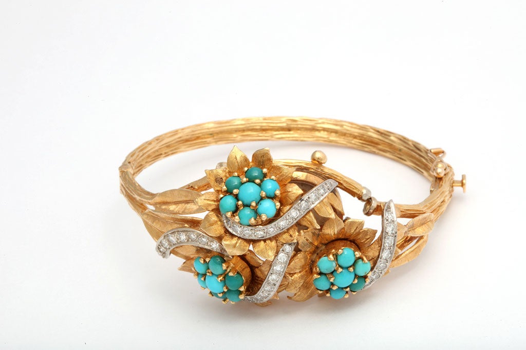 Women's Incredible Floral Turquoise Diamond Covered Gold Watch Bracelet