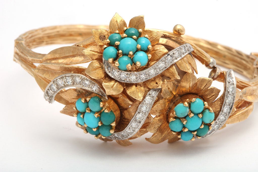 Incredible Floral Turquoise Diamond Covered Gold Watch Bracelet 3