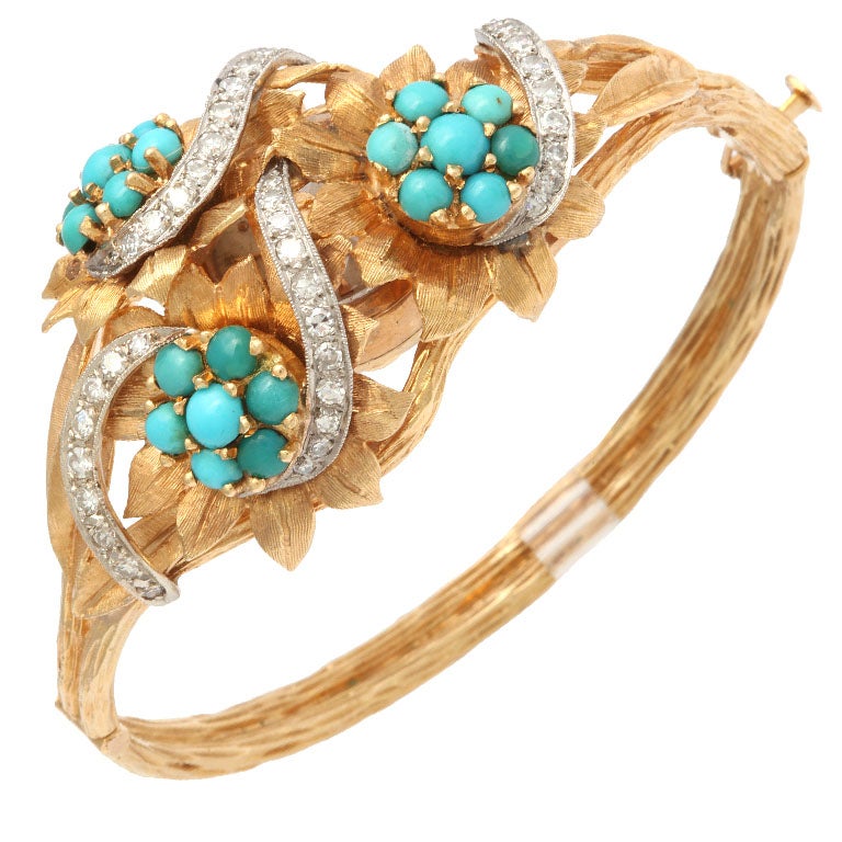 Incredible Floral Turquoise Diamond Covered Gold Watch Bracelet