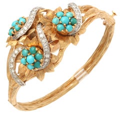 Vintage Incredible Floral Turquoise Diamond Covered Gold Watch Bracelet