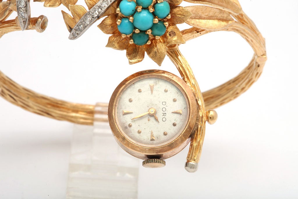 Incredible Floral Turquoise Diamond Covered Gold Watch Bracelet For ...
