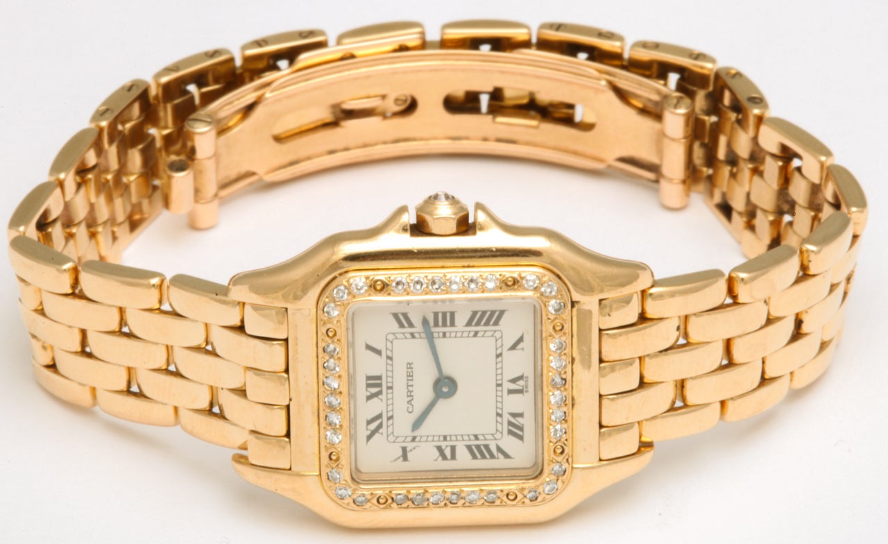 Women's Cartier Lady's Yellow Gold and Diamond Panthere Wristwatch For Sale