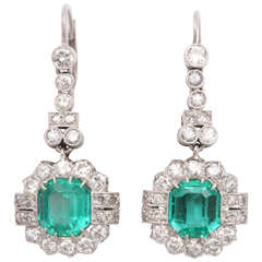 ART DECO Emerald And Diamond Platinum Drop Pendant Earrings