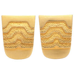 1980's Lalaounis Gold Textured Wave Shield Clip-On Earrings