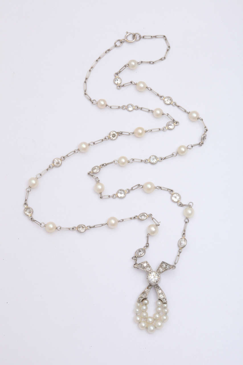 Edwardian Pearl and Diamond by the yard Pendant Necklace 2