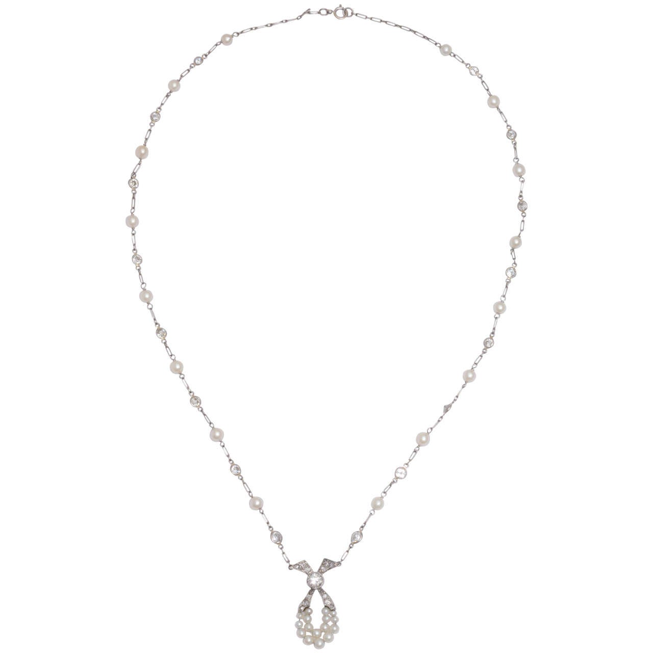 Edwardian Pearl and Diamond by the yard Pendant Necklace
