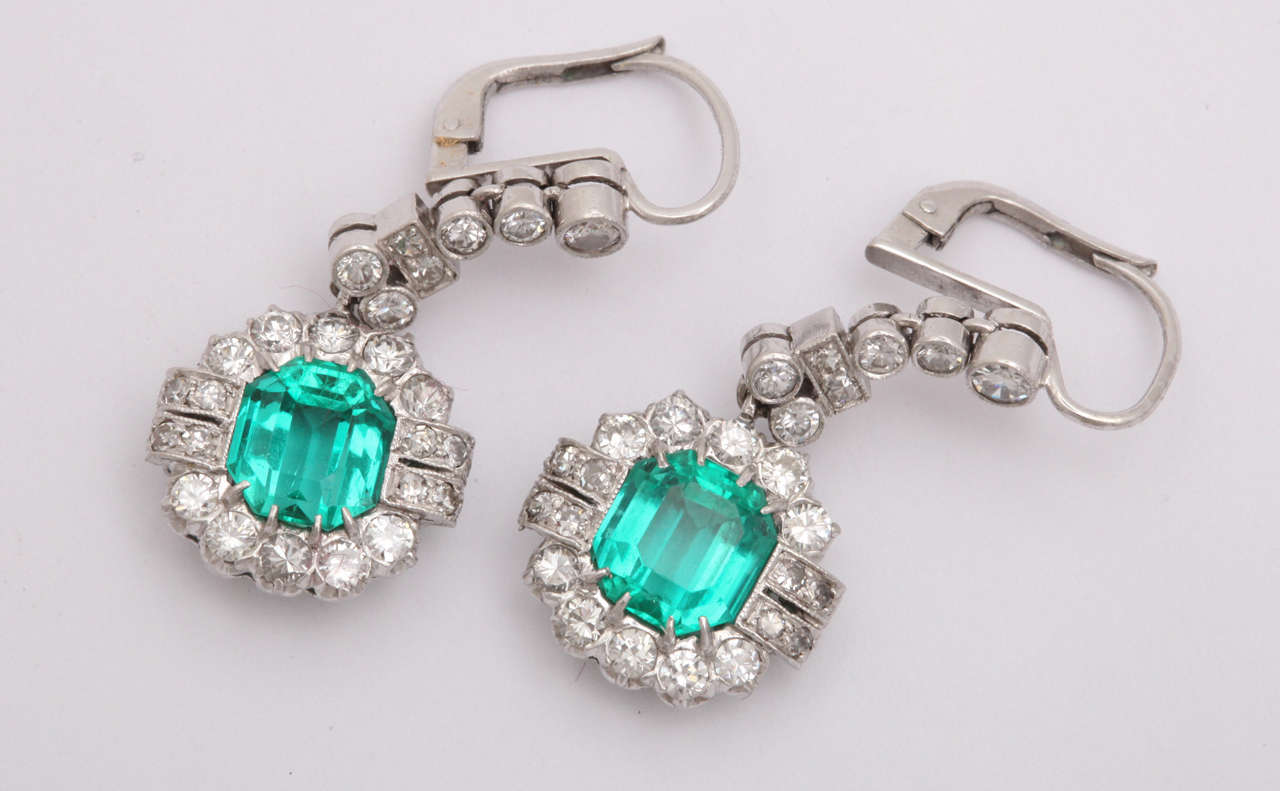 ART DECO Emerald And Diamond Platinum Drop Pendant Earrings at 1stDibs
