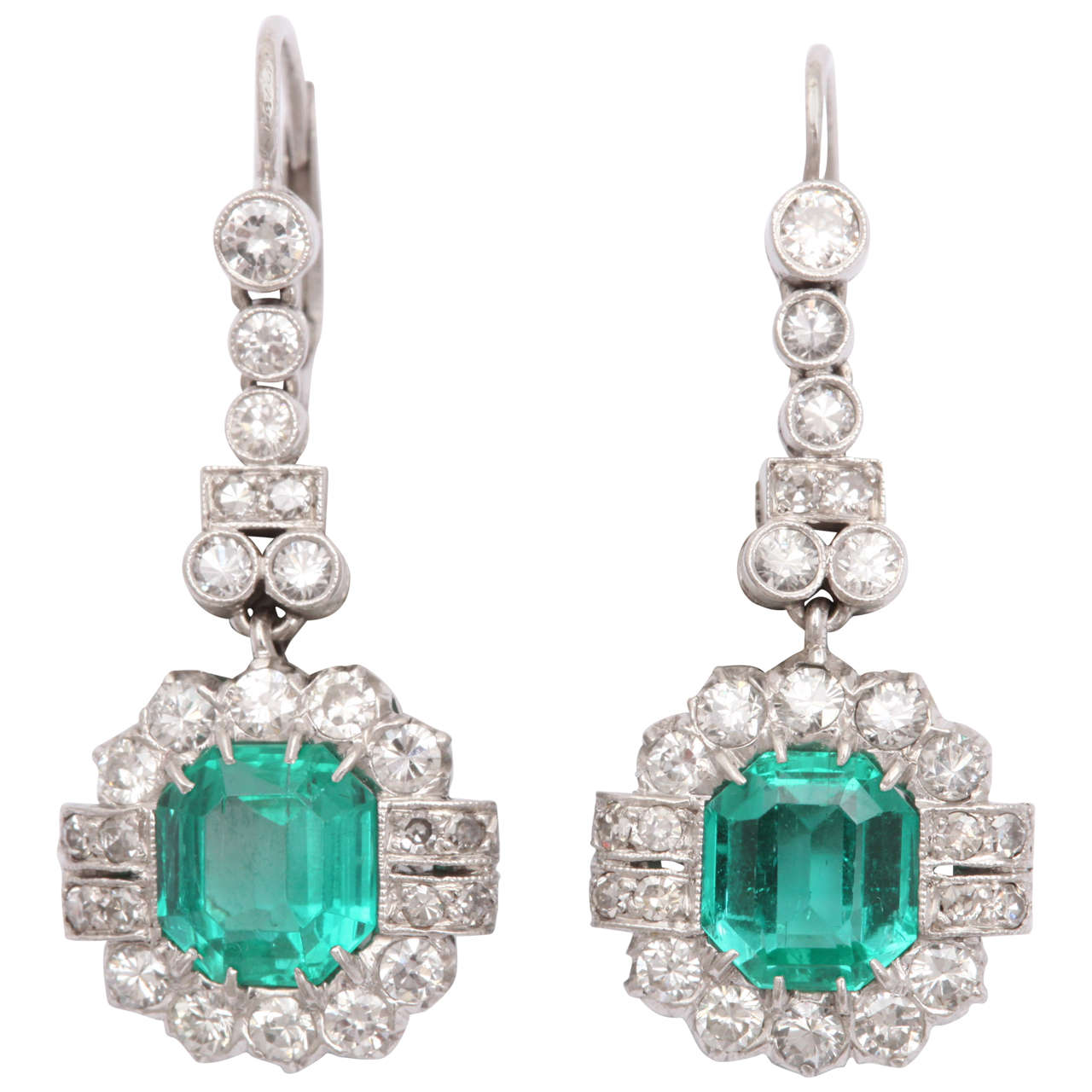 ART DECO Emerald And Diamond Platinum Drop Pendant Earrings at 1stDibs