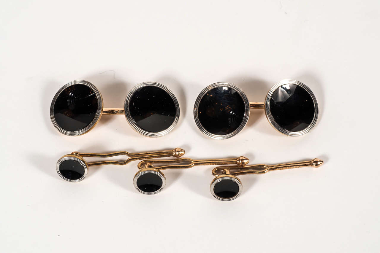 Men's Elegant Art Deco Onyx Gold Cufflink and Stud Set