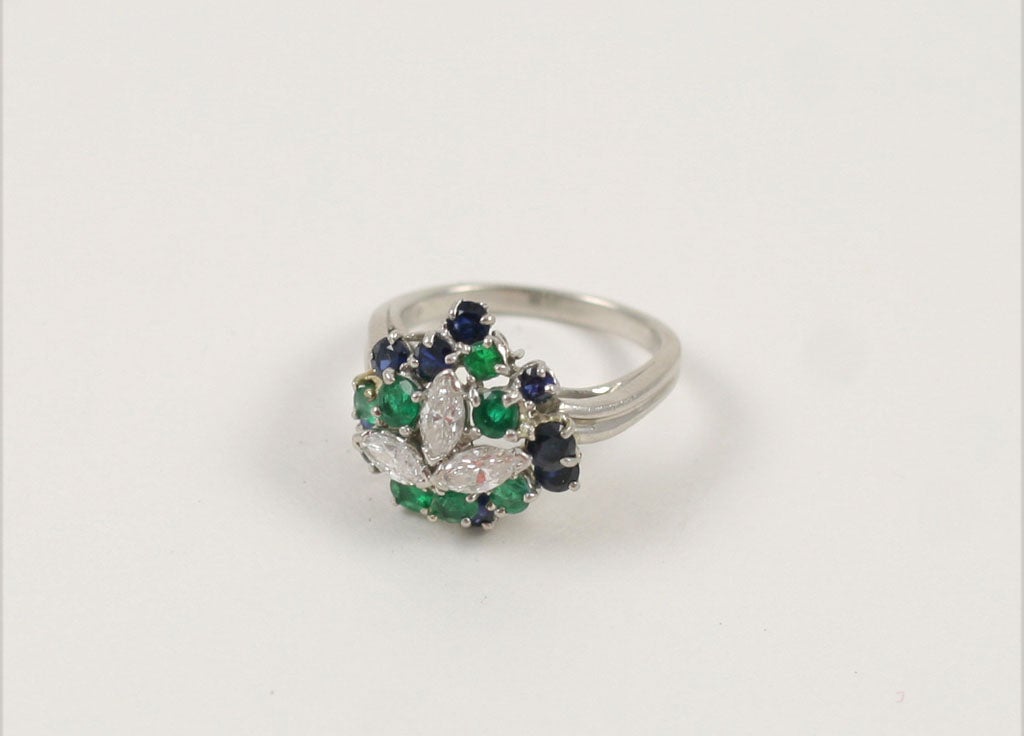 CHIC PLATINUM, SAPPHIRE, EMERALD, & DIAMOND RING