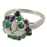 CHIC PLATINUM, SAPPHIRE, EMERALD, & DIAMOND RING