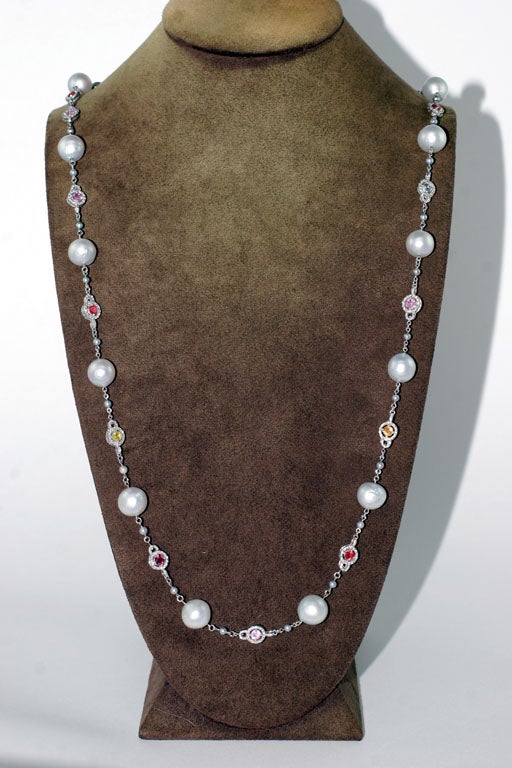 South sea pearl and colored stone long chain In New Condition For Sale In New York, NY