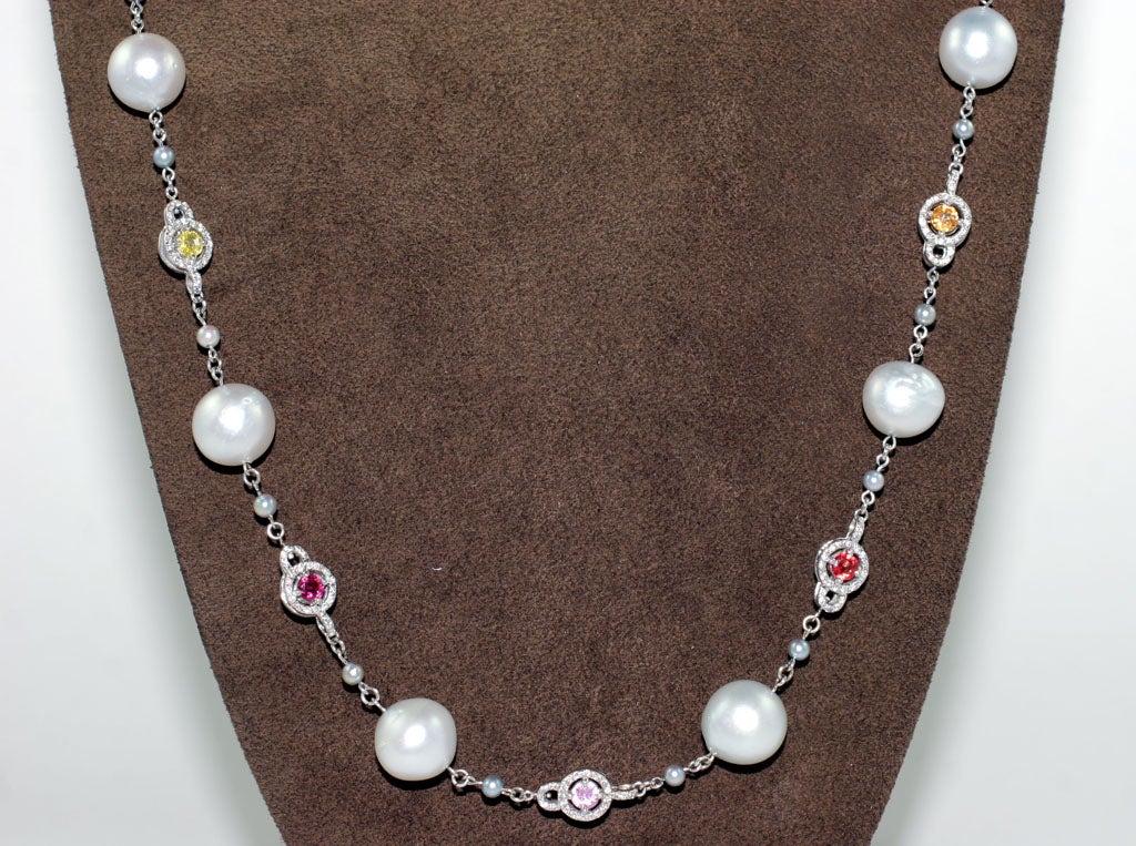 Women's South sea pearl and colored stone long chain For Sale