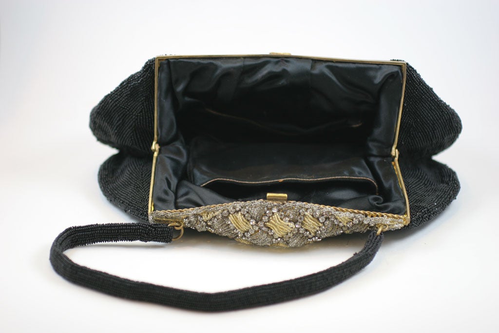 Magnificent French Black Beaded Bag with Jeweled Frame 4