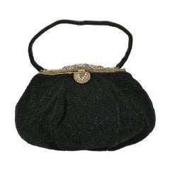 Magnificent French Black Beaded Bag with Jeweled Frame