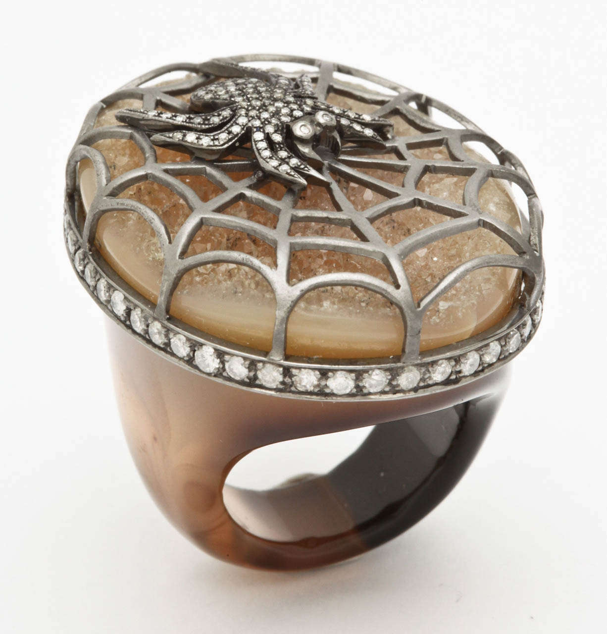 Agate Diamond Silver Spider Ring