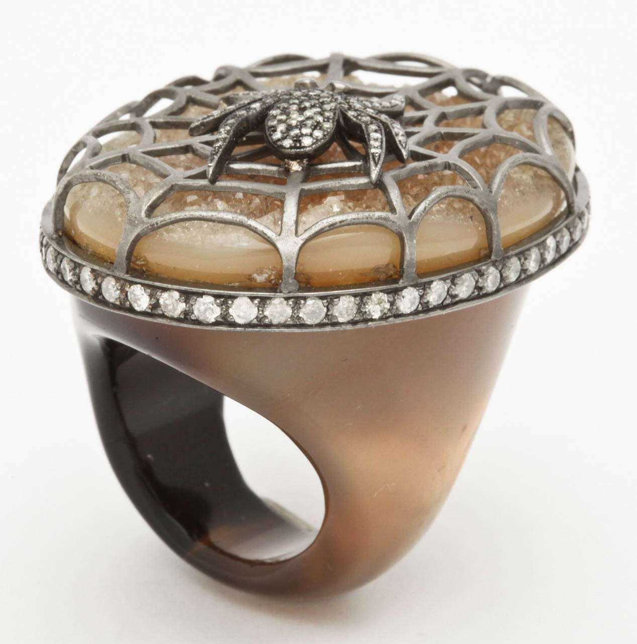 Agate Diamond Silver Spider Ring In New Condition For Sale In Fifth Avenue, NY