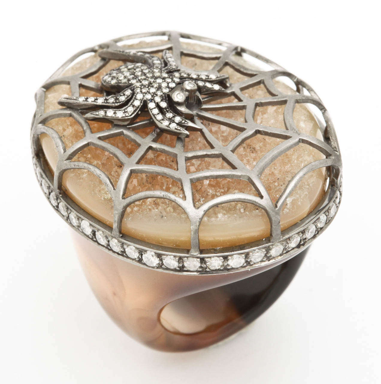 Agate Diamond Silver Spider Ring For Sale 2