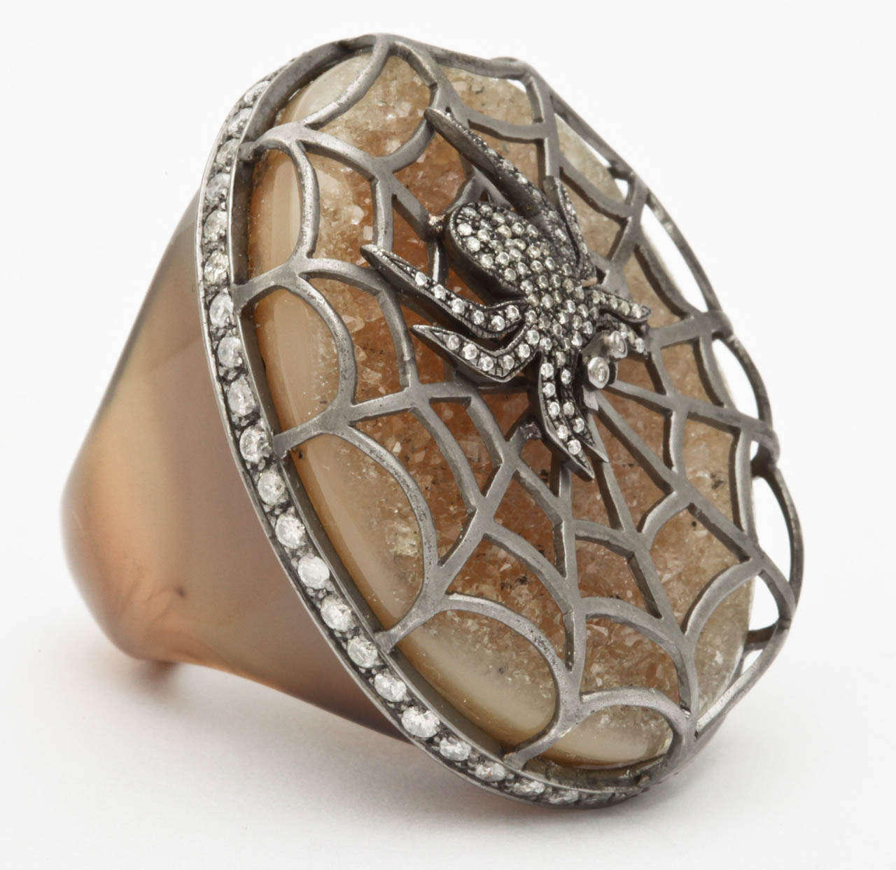 Agate Diamond Silver Spider Ring For Sale at 1stdibs
