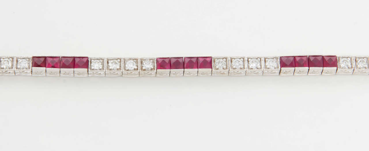 French Cut Ruby Diamond Gold Engraved Line Bracelet In New Condition In New York, NY