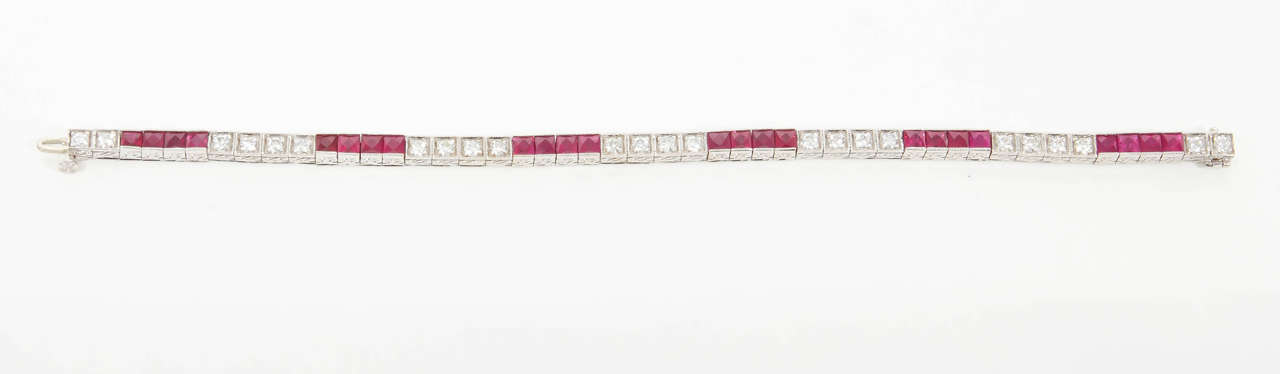 Women's French Cut Ruby Diamond Gold Engraved Line Bracelet