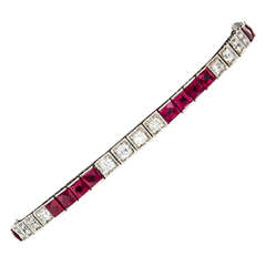 French Cut Ruby Diamond Gold Engraved Line Bracelet 1