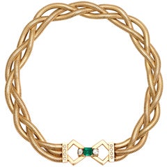 Triple Interlocking Gold Strand Necklace With Columbian Emerald