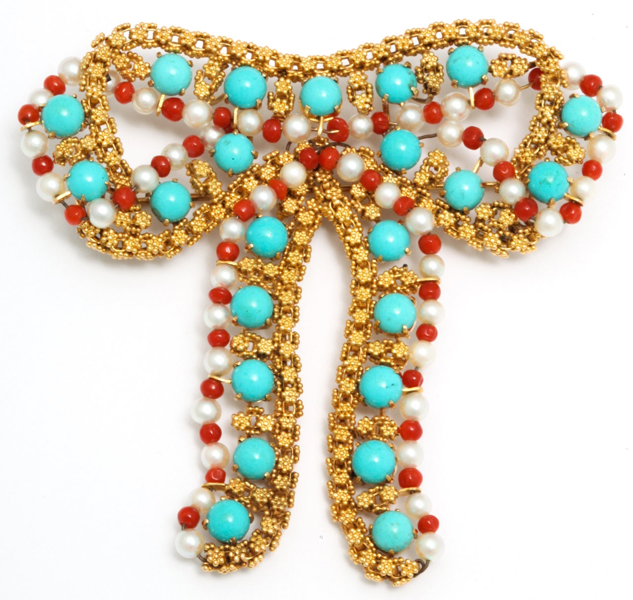 14 kt yellow gold handmade bow brooch embellished with very high quality turquoise balls and coral balls and pearls exhibiting beautiful gold workmanship
