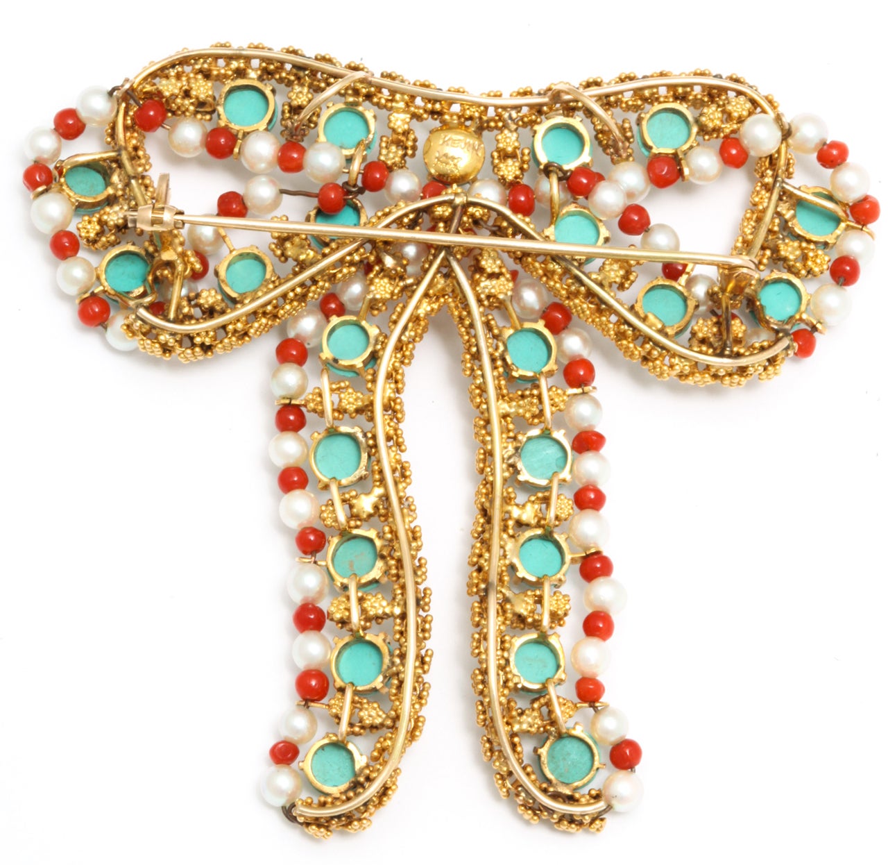 Jumbo Gold Turquoise Coral And Pearl Bow Brooch In Excellent Condition In New York, NY