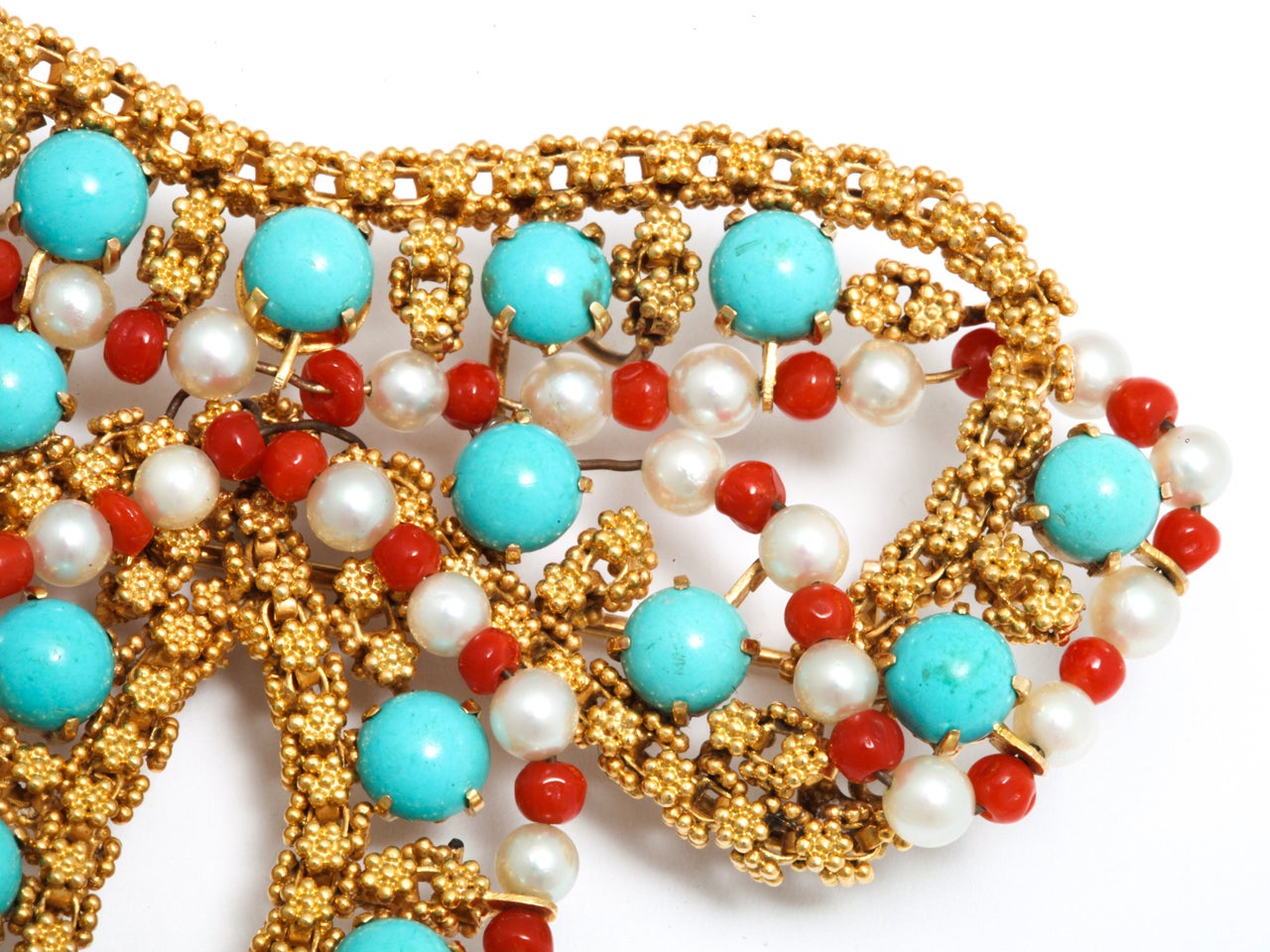 Women's Jumbo Gold Turquoise Coral And Pearl Bow Brooch