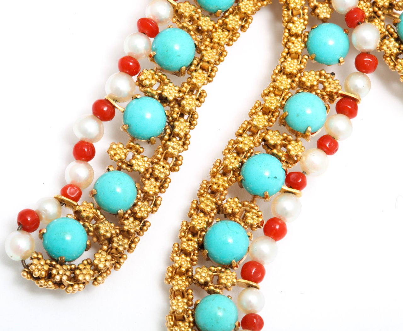 Jumbo Gold Turquoise Coral And Pearl Bow Brooch 1