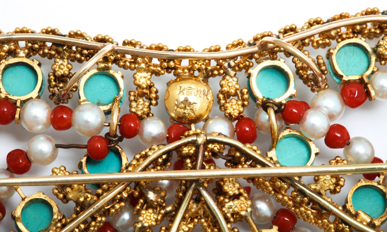 Jumbo Gold Turquoise Coral And Pearl Bow Brooch 2