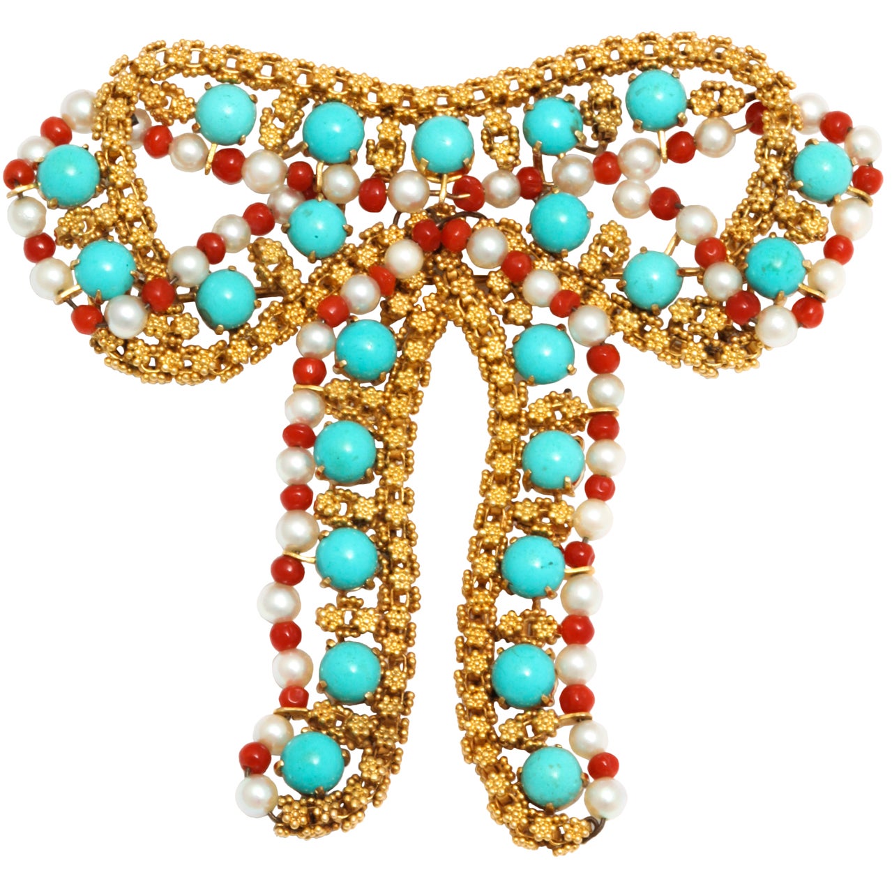 Jumbo Gold Turquoise Coral And Pearl Bow Brooch