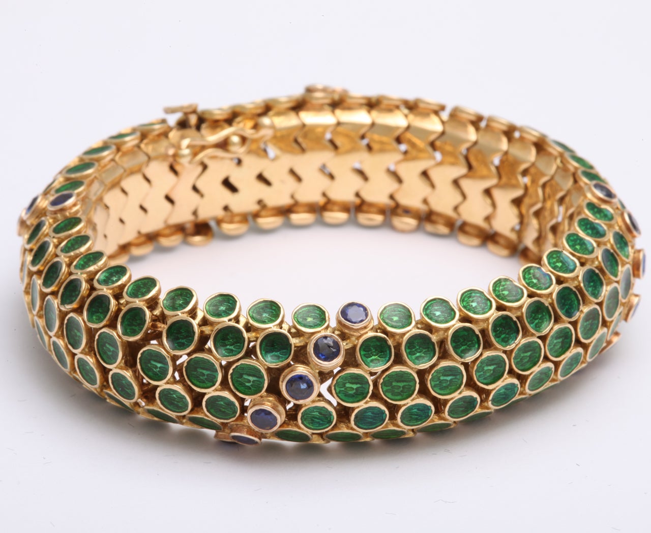 Women's Green Enamel & Sapphire Half Round Barrel Bracelet For Sale