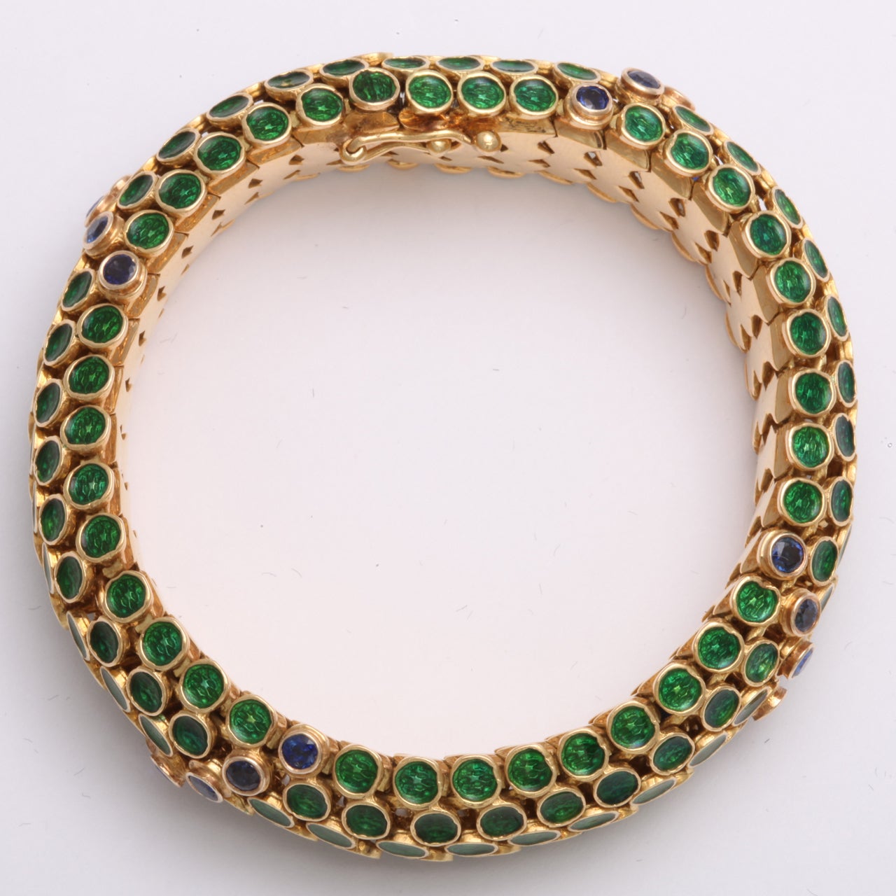 Green Enamel & Sapphire Half Round Barrel Bracelet For Sale 1