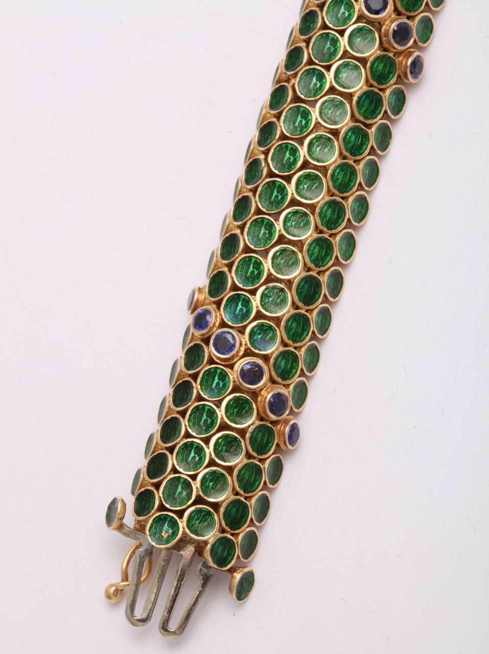 Green Enamel & Sapphire Half Round Barrel Bracelet For Sale 2