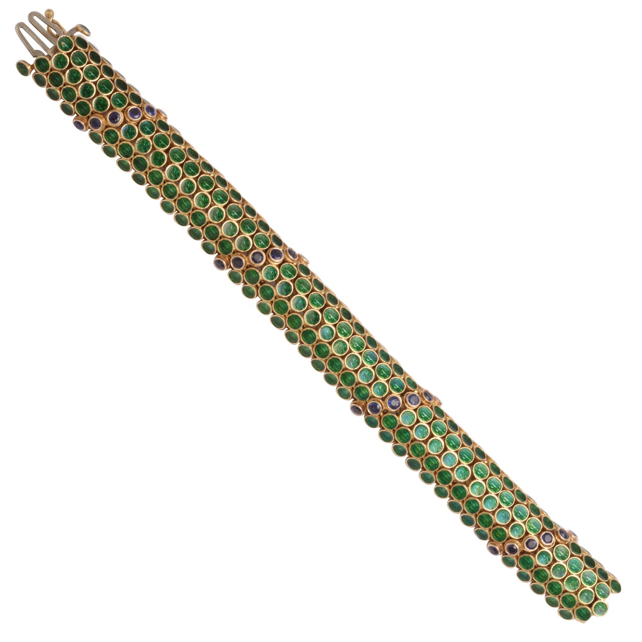 Halbrundes Barrel-Armband mit grüner Emaille und Saphiren im Angebot
